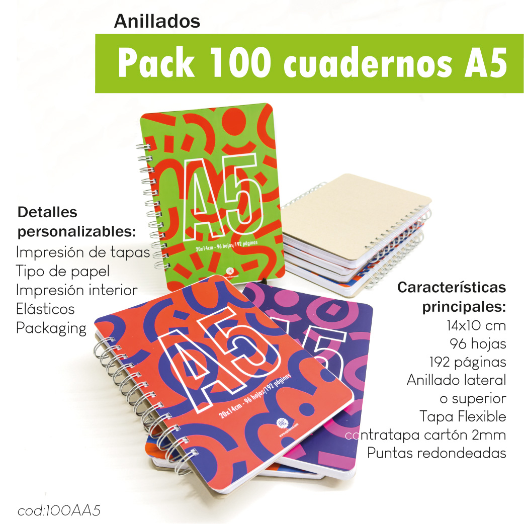 Pack 100 cuadernos anillados A5