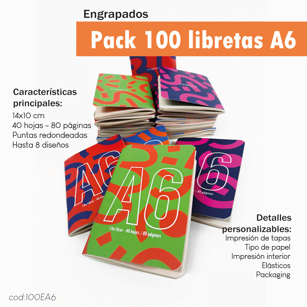 Pack 100 libretas engrapadas A6