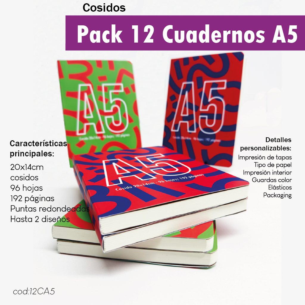 Pack 12 cuadernos cosidos A5