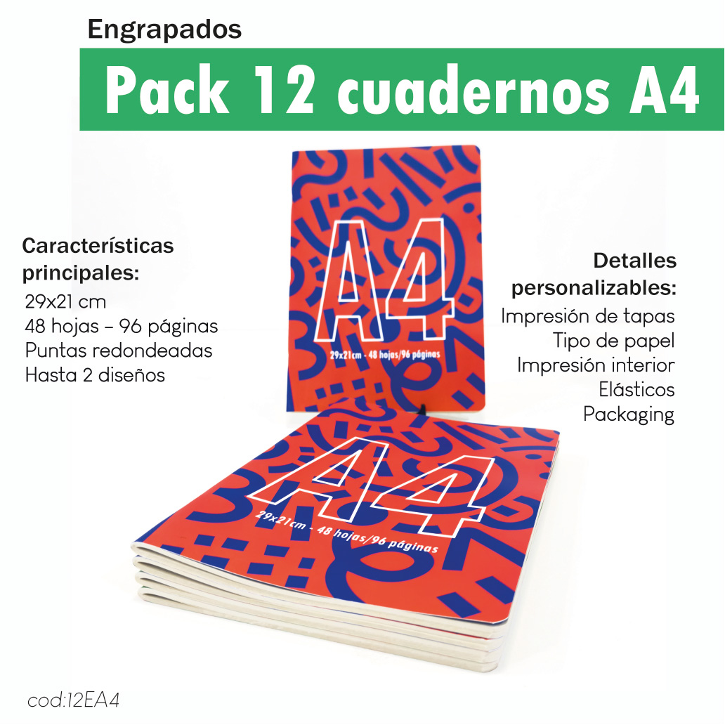 Pack 12 cuadernos engrapados A4