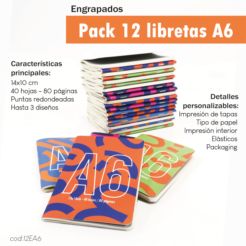 Pack 12 libretas engrapadas A6