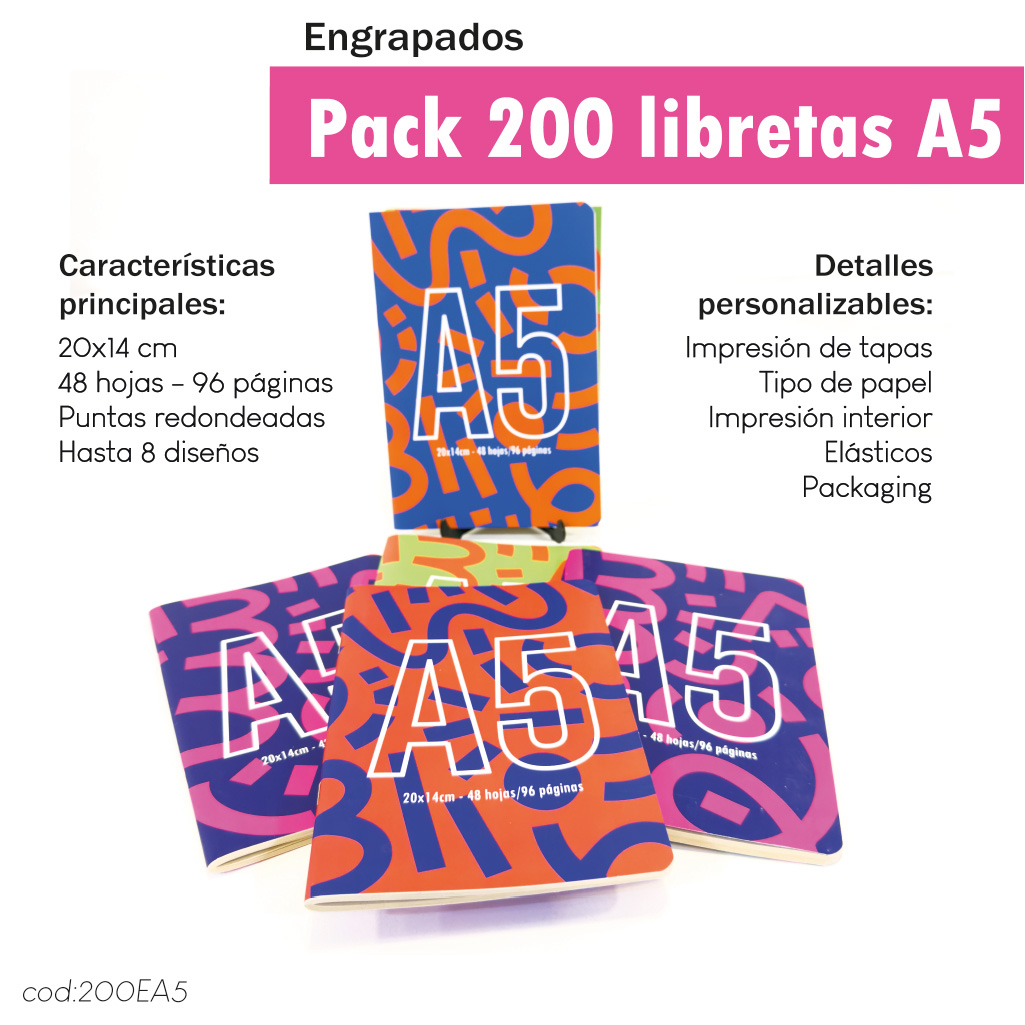 Pack 200 libretas engrapadas A5