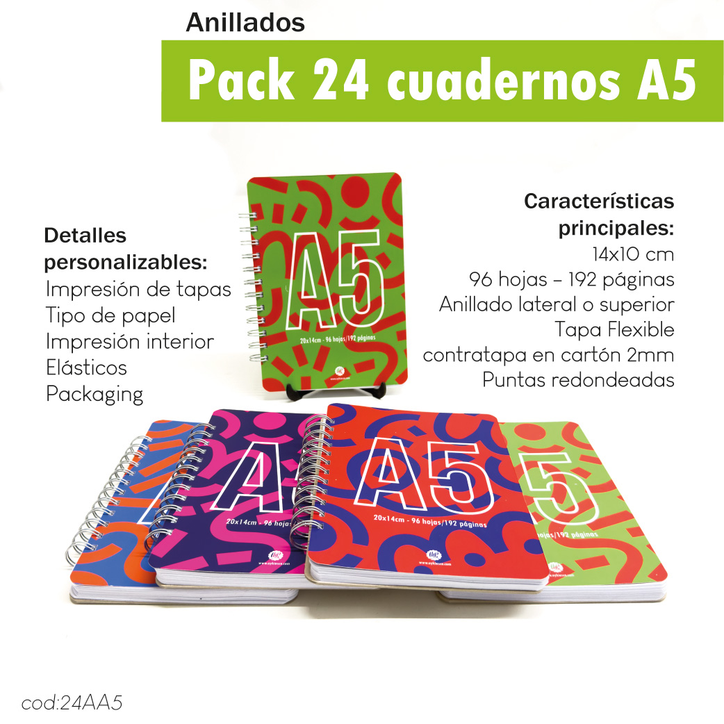 pack 24 cuadernos anillados A5