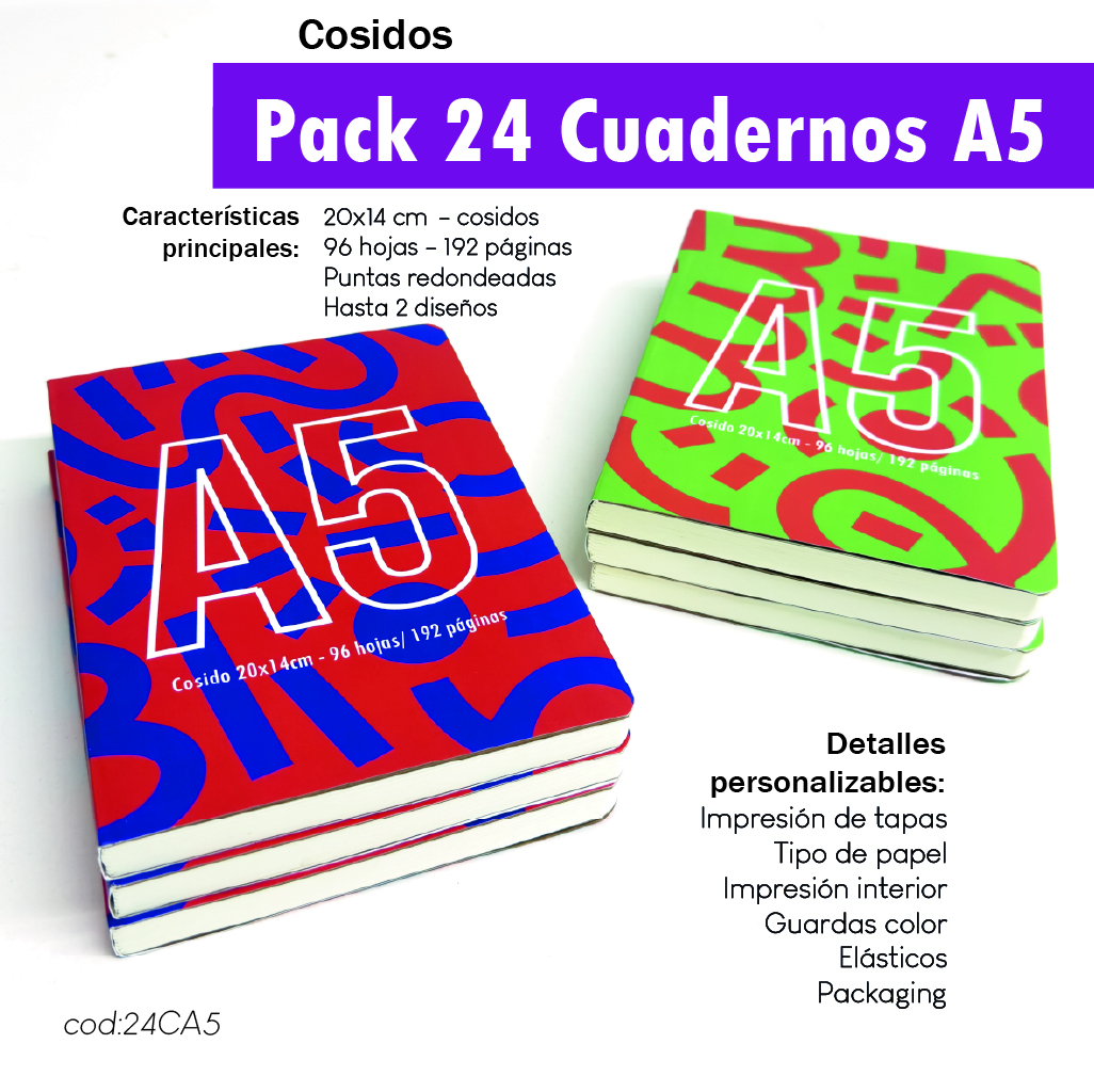 Pack 24 cuadernos cosidos A5