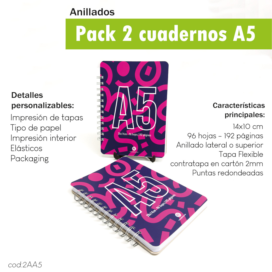 Pack 2 cuadernos anillados A5