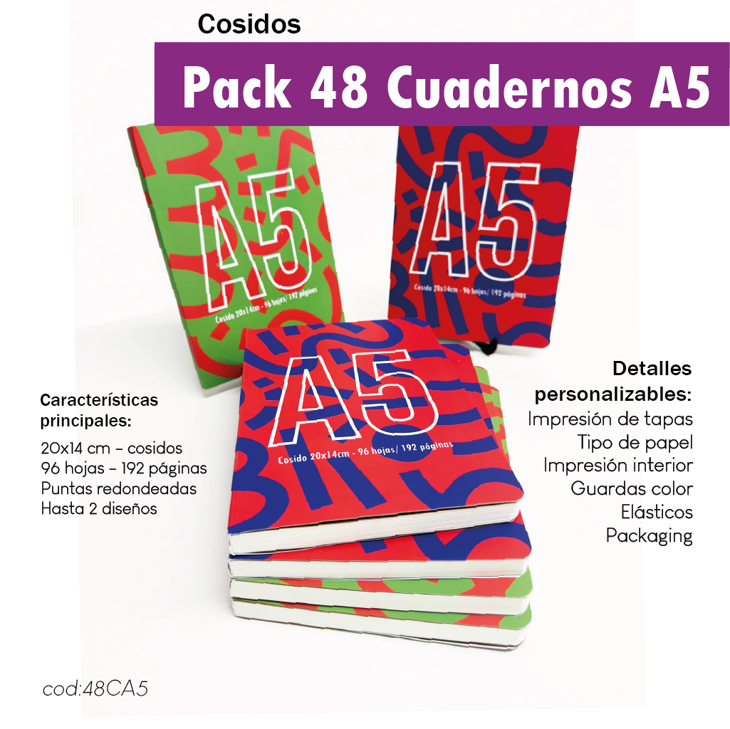 Pack 48 cuadernos cosidos A5