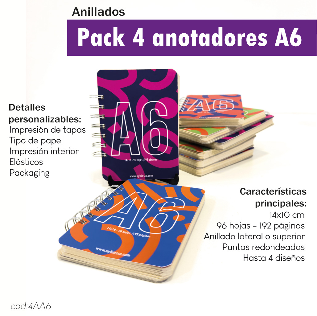 Pack 4 anotadores anillados A6