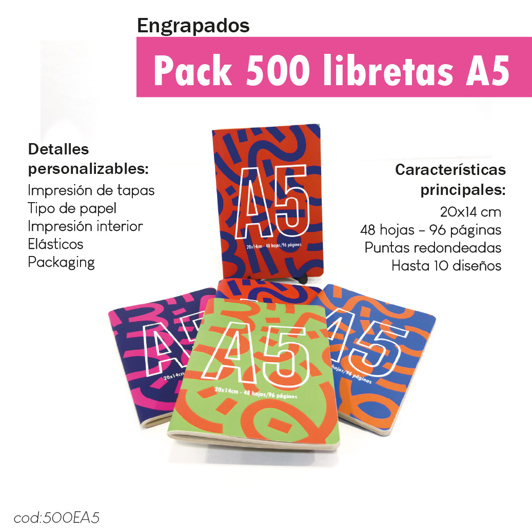Pack 500 Libretas engrapadas A5