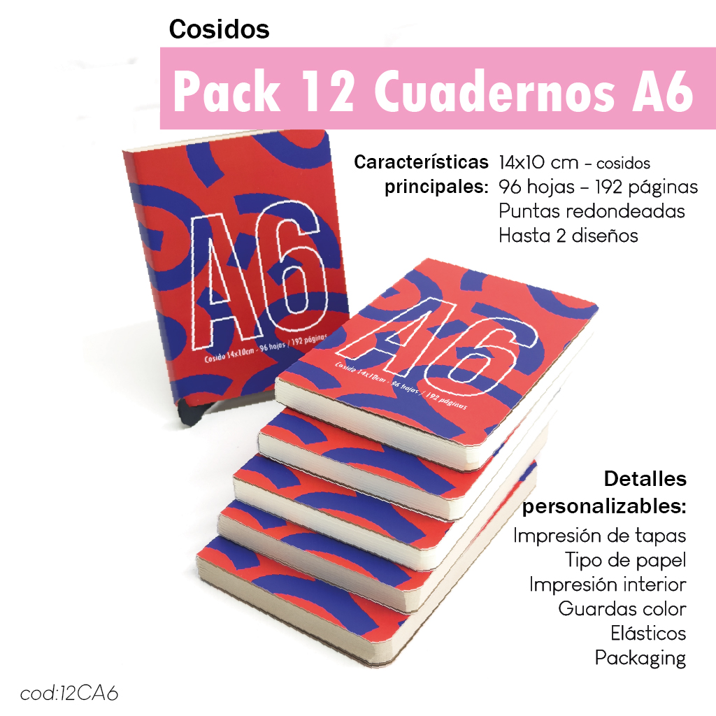 Pack 12 cuadernos cosidos A6