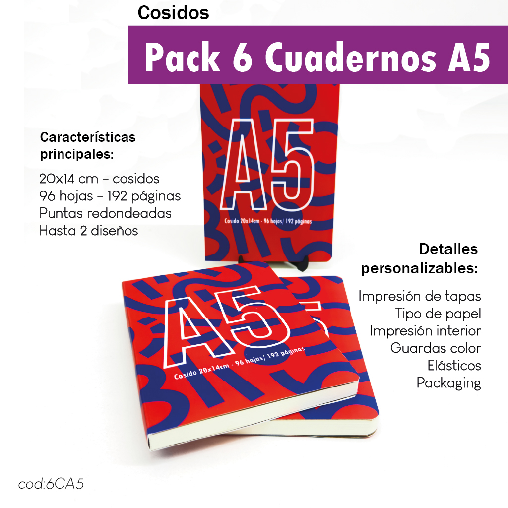 Pack 6 cuadernos cosidos A5
