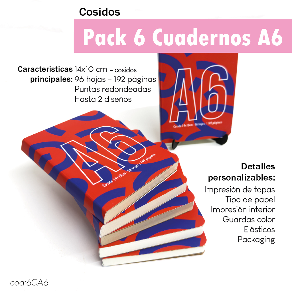 Pack 6 cuadernos cosidos A6