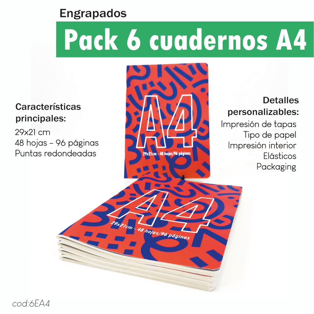 Pack 6 cuadernos engrapados A4