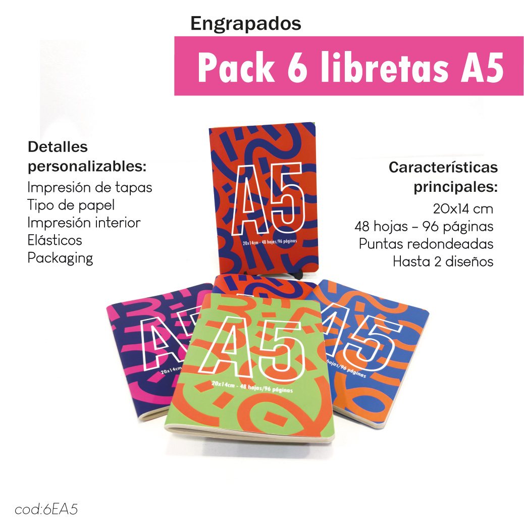 Pack 6 libretas engrapadas A5