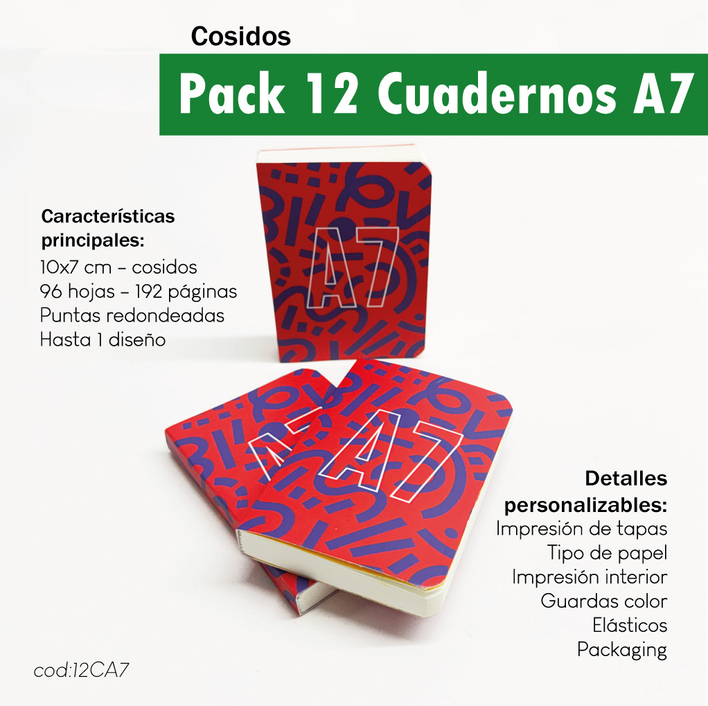 Pack 12 cuadernos cosidos A7