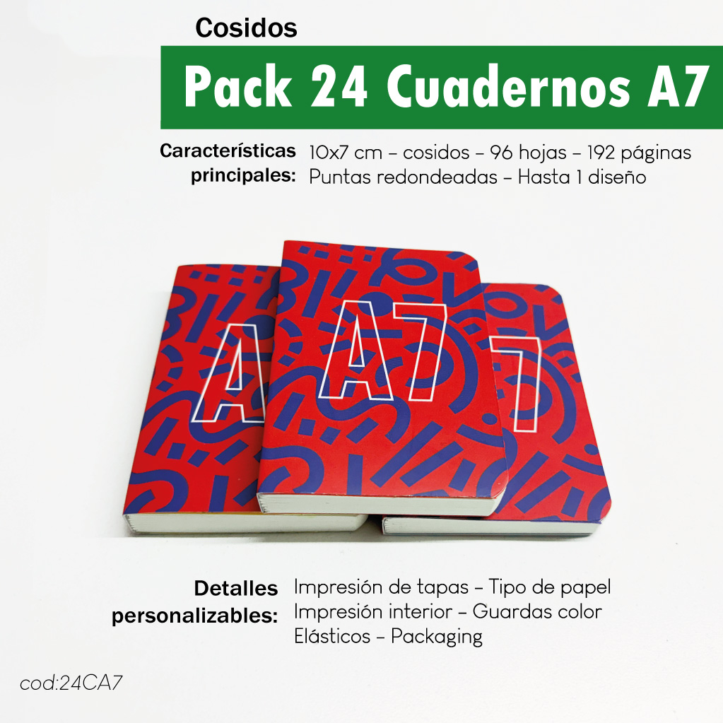 Pack 24 cuadernos cosidos A7