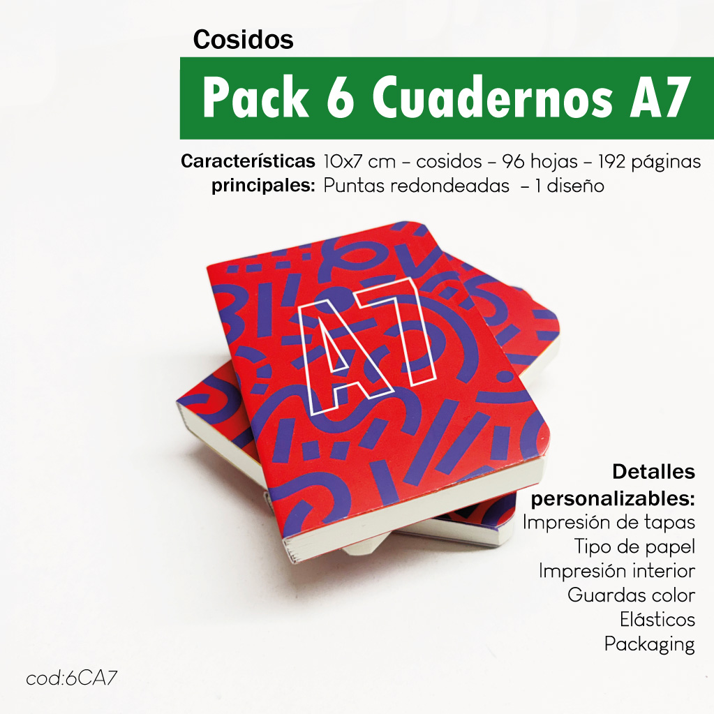 Pack 6 cuadernos cosidos A7